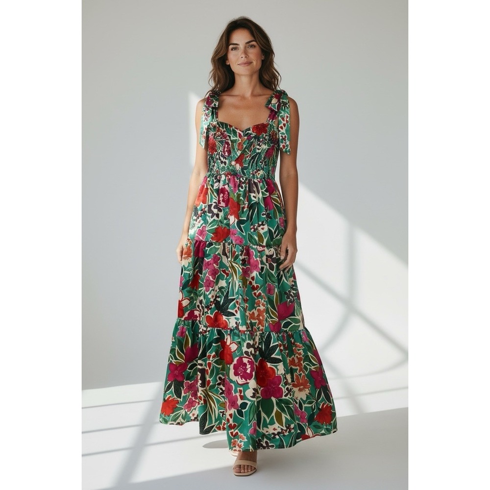Umgee USA Women's M Floral Tiered Maxi Dress Smocked Bodice Tie Straps Boho